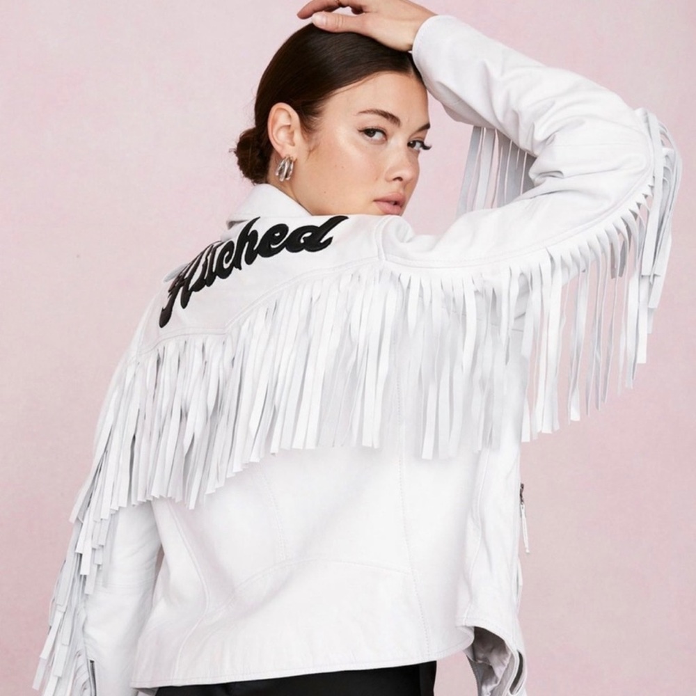 Nasty Gal White Leather Jacket with Fringe